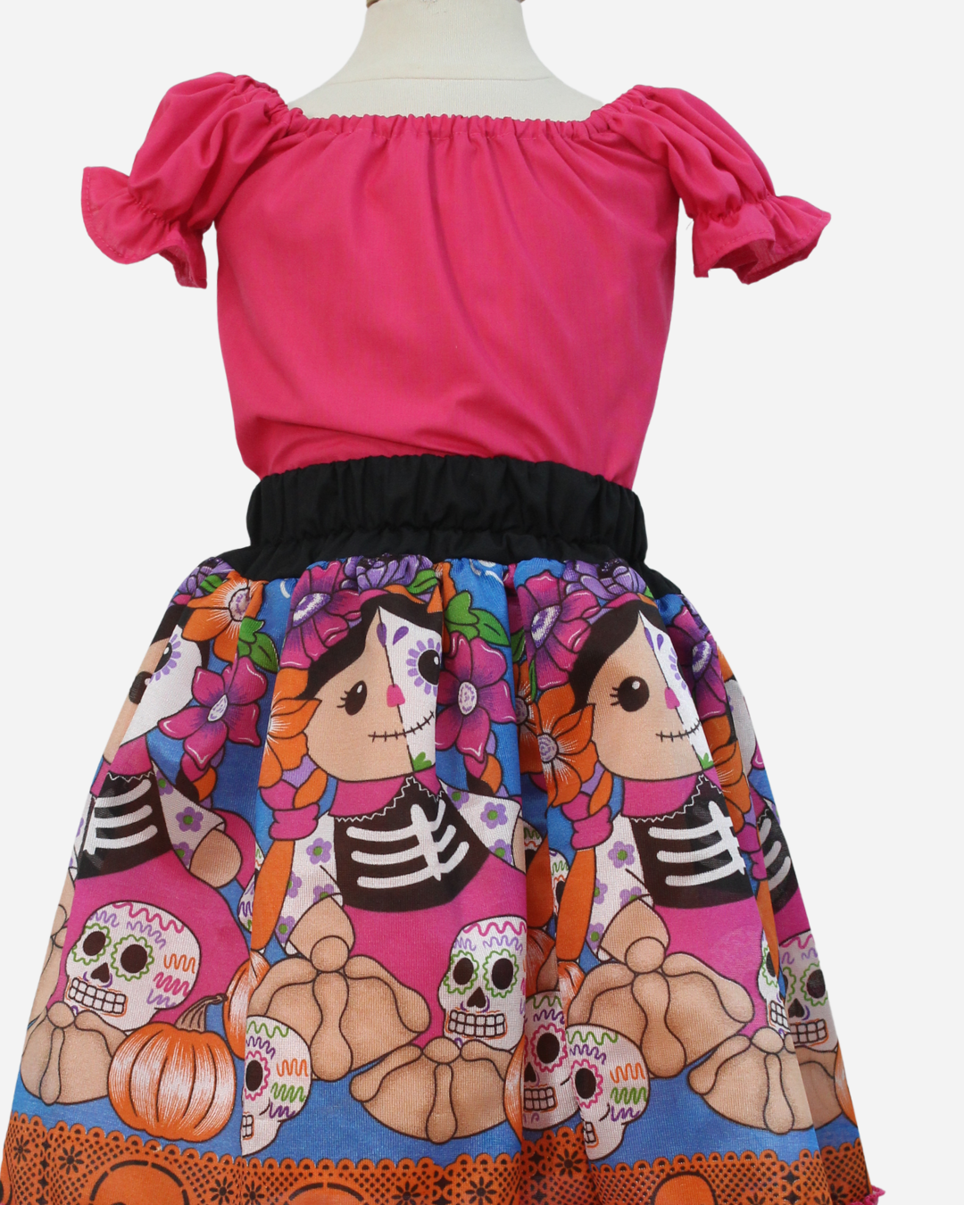 SET CATRINA BLUSA MANGA BOMBACHA Y FALDA MOTIVOS DIA DE MUERTOS