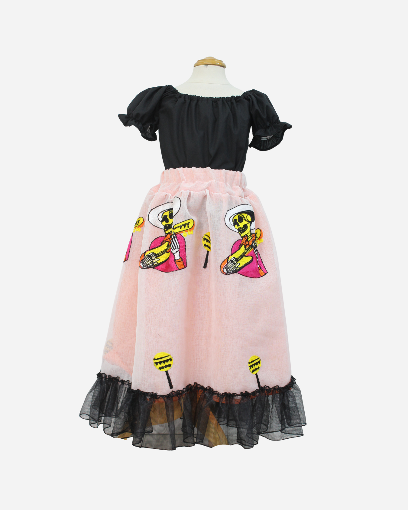 SET CATRINA BLUSA MANGA BOMBACHA Y FALDA MOTIVOS DIA DE MUERTOS