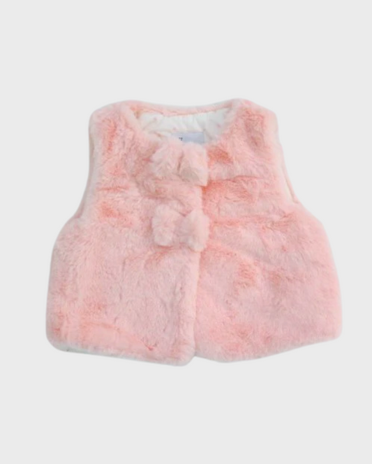 chaleco de peluche rosa, botón 2 moños