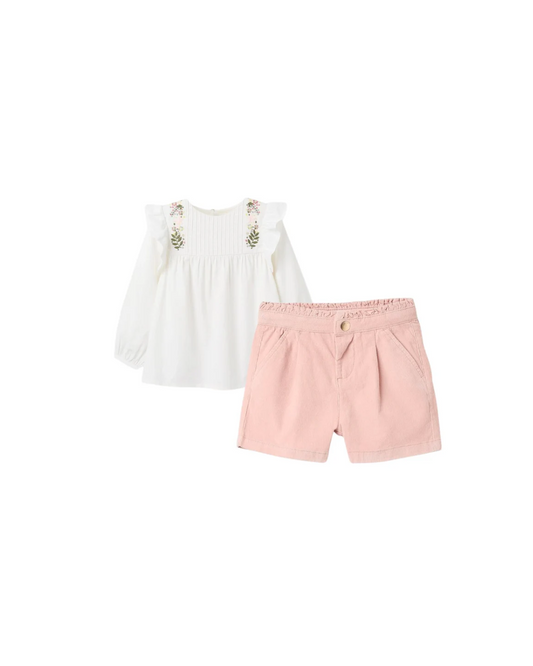 Set short pana rosa con blusa manga larga bordados laterales