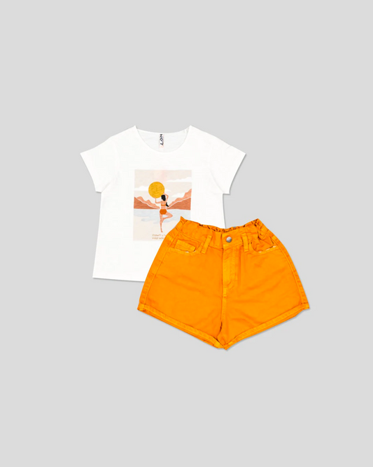 set 2 piezas short denim naranja, camiseta blanca print niña