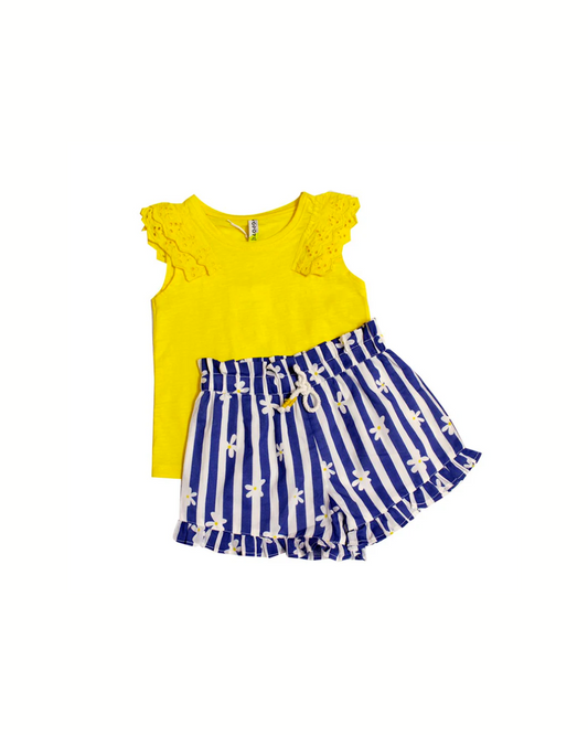 conjunto blusa amarilla con short lineas azules