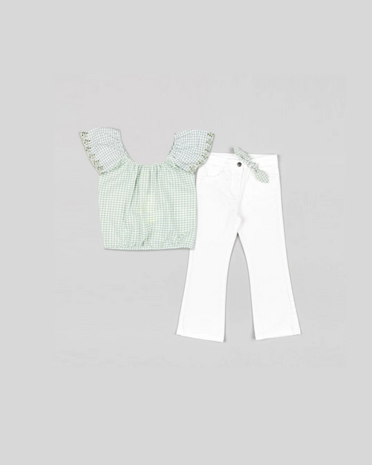 conjunto blusa pantalón color blanco blusa a cuadros verde olivo