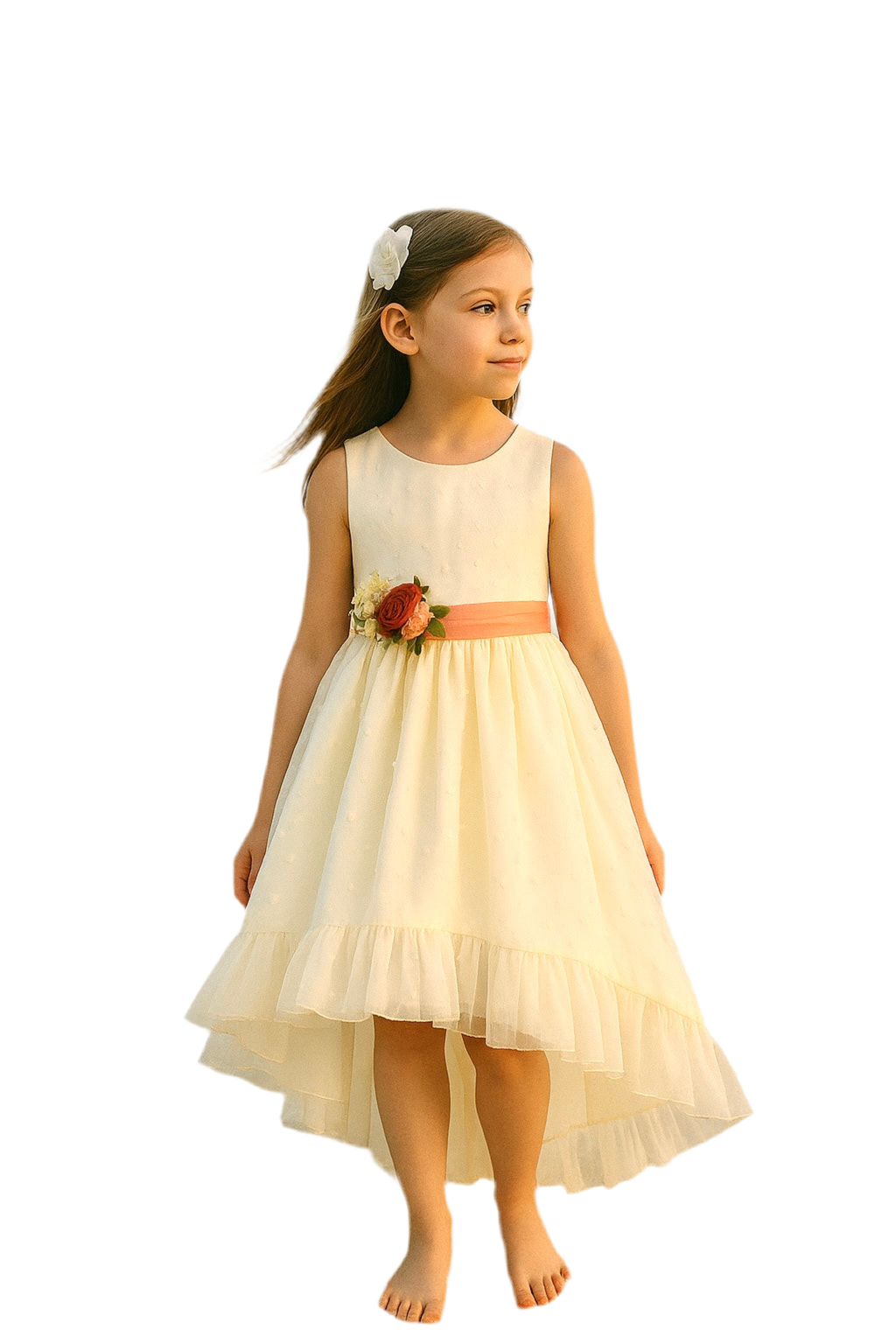 Vestido color crudo con flores en la cintura