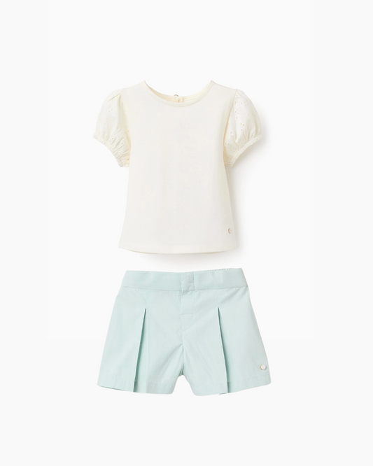 Conjunto blusa Ivory y short azul verde claro
