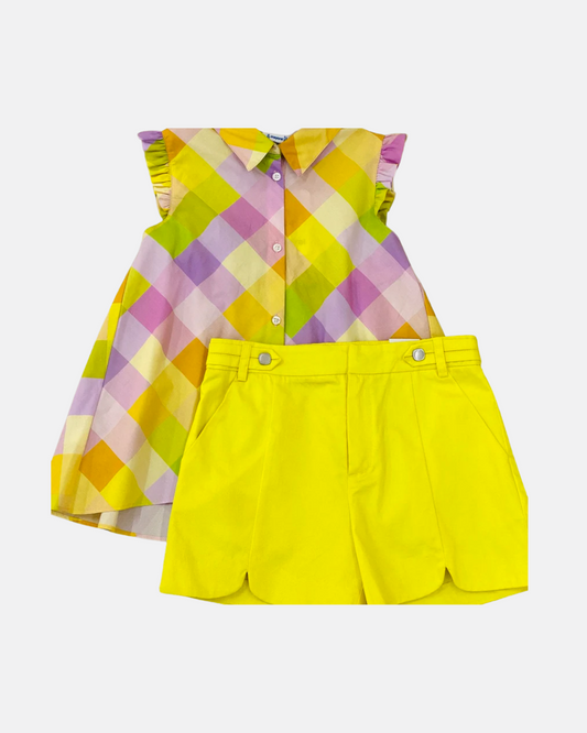 Set blusa malva cuadros, short verde limon