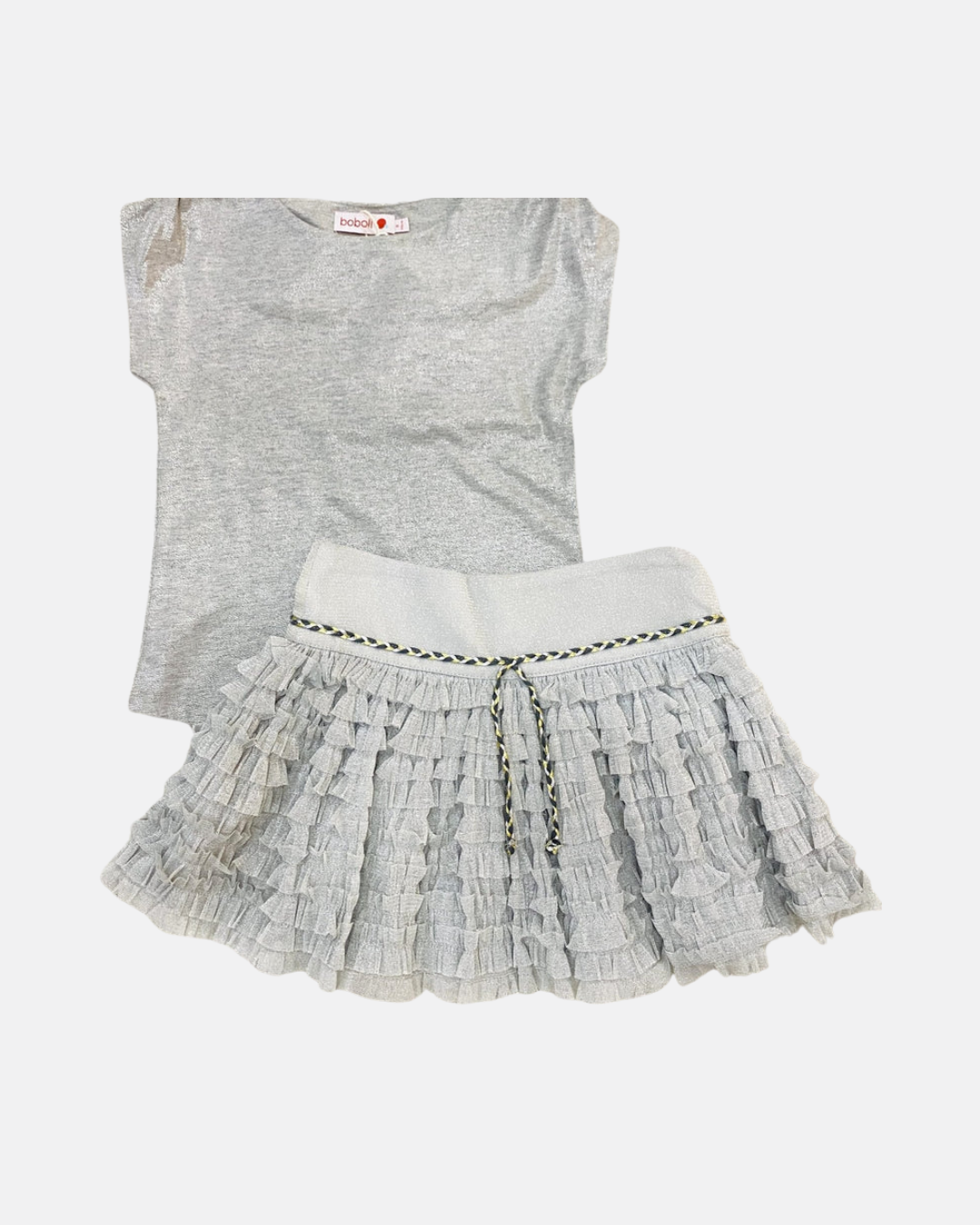 Set blusa plata glitter y falda con tul olanes