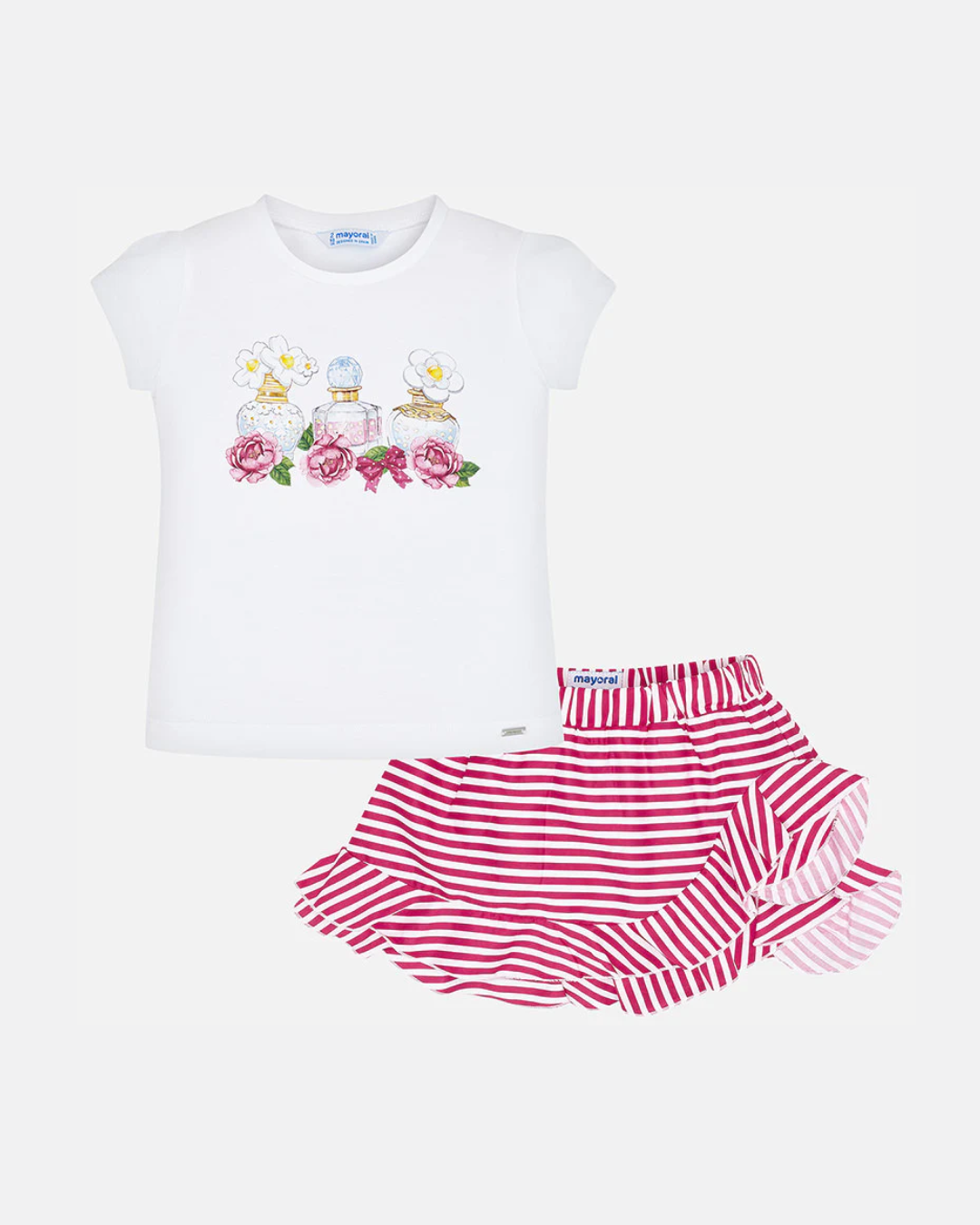 Conjunto blusa blanca perfume con falda rayas fresa