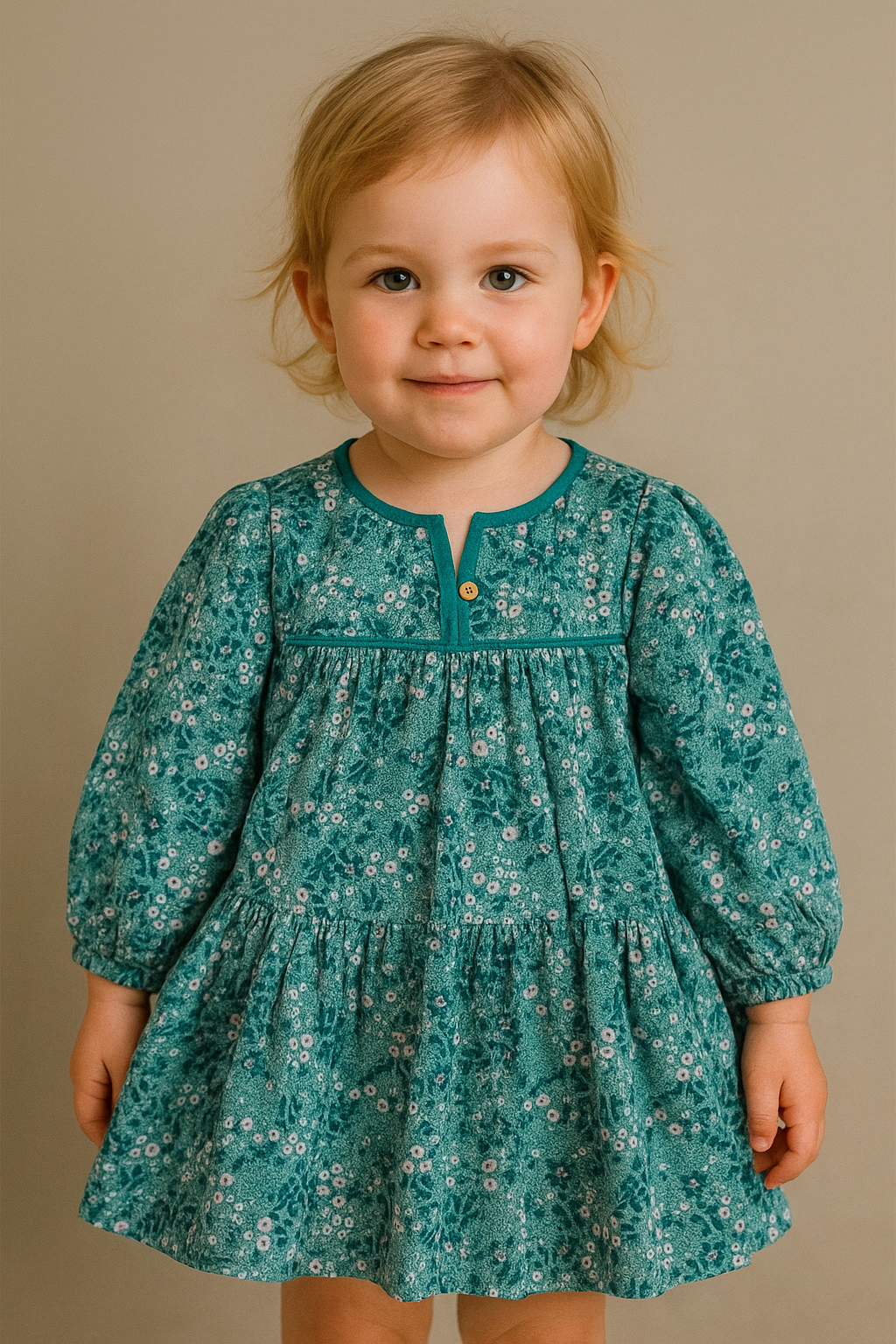 Vestido manga larga color verde turquesa flores