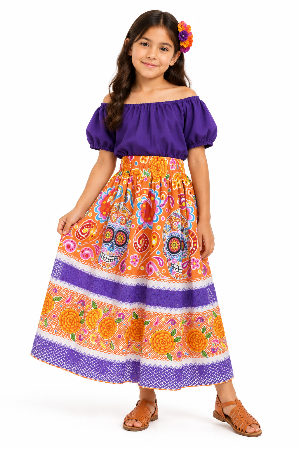 SET CATRINA BLUSA MORADA FALDA NARANJA