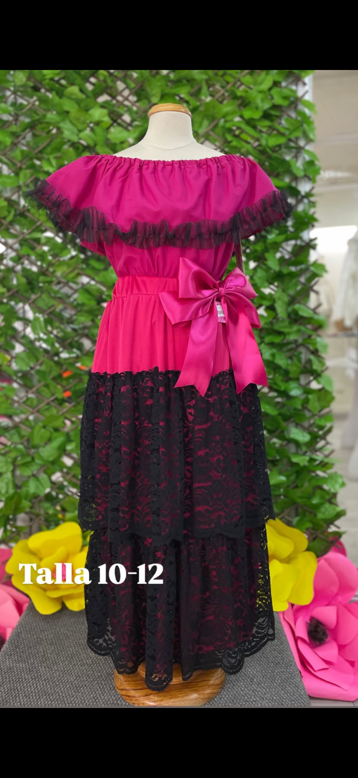 SET CATRINA BLUSA ROSA MEXICANO FALDA OLANES ENCAJE NEGRO