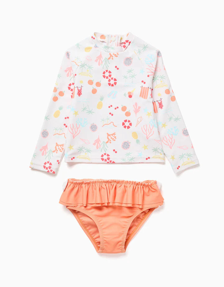 Conjunto de baño con motivo de playa para bebé y niña, blanco/naranja