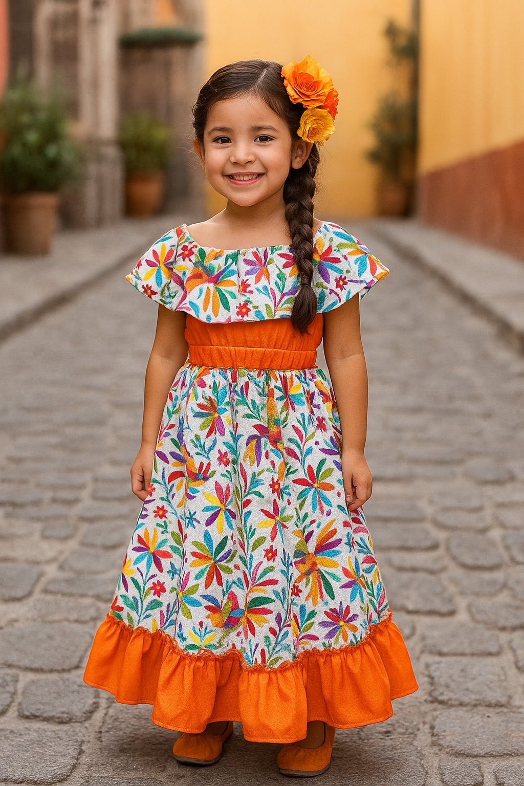 Set Patrio Falda Adelita, Blusa Campesina Color Naranja con Olan