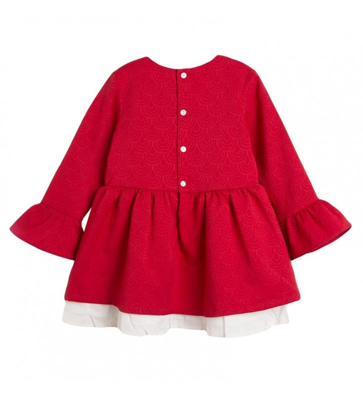 Vestido color rojo manga campana y moño azul