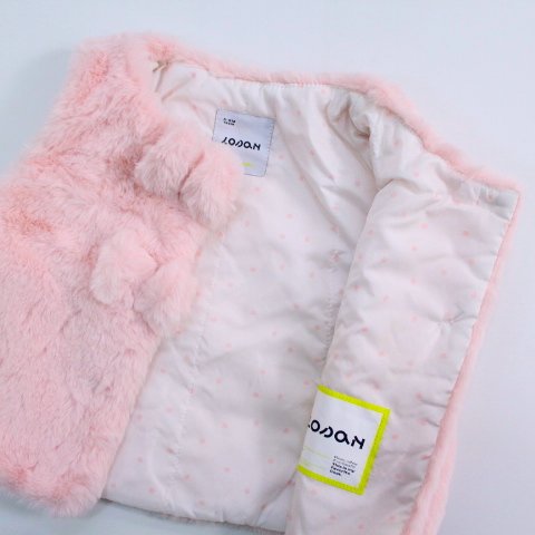 chaleco de peluche rosa, botón 2 moños