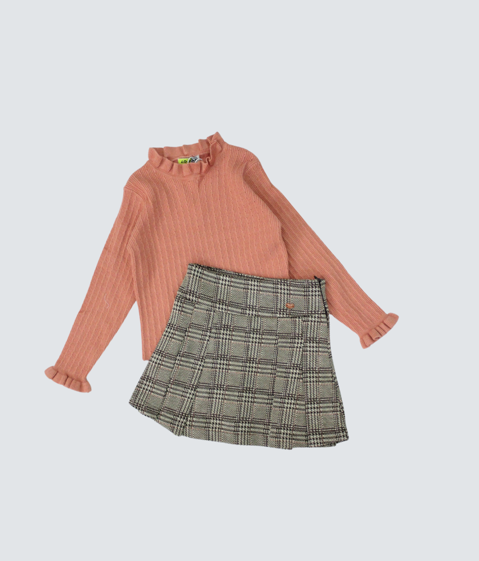 set falda a cuadros con blusa cuello ruffle