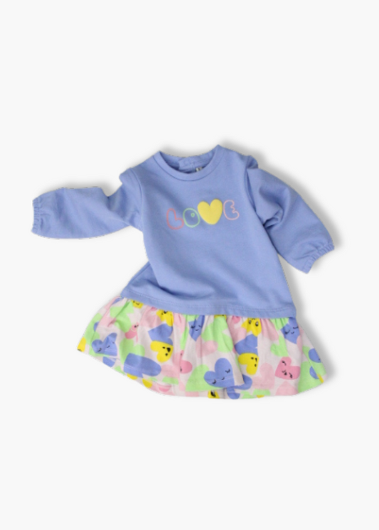 vestido lana azul, con falda prints corazones