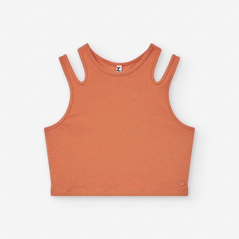 Set blusa naranja y short mezclilla, tiro alto