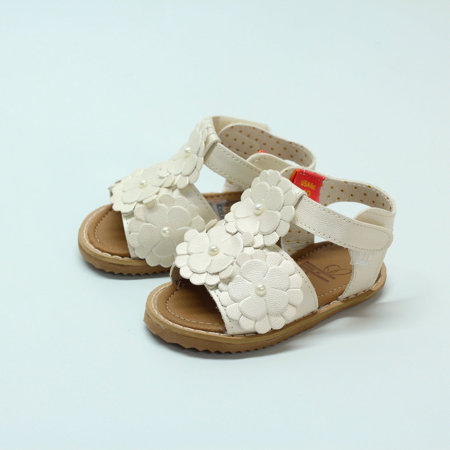 Huarache velcro con flores ivory perla