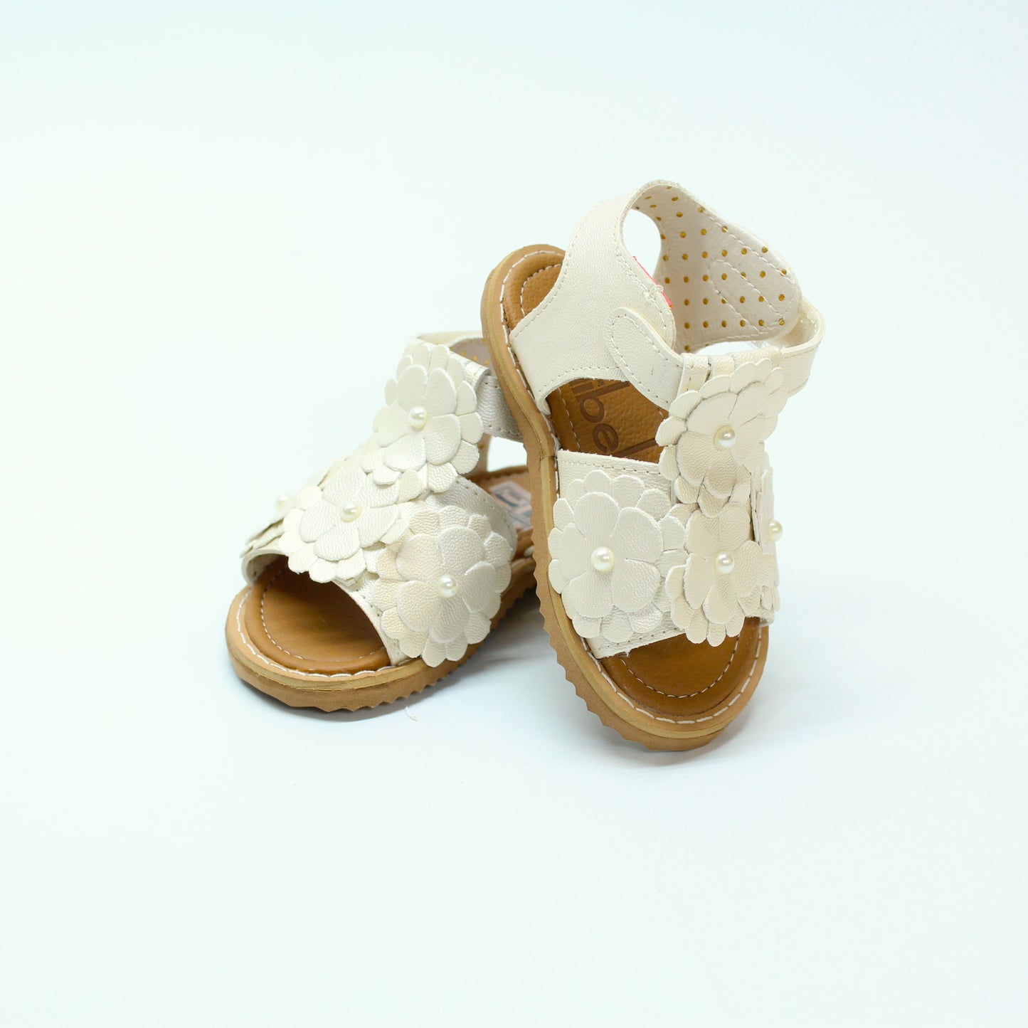 Huarache velcro con flores ivory perla