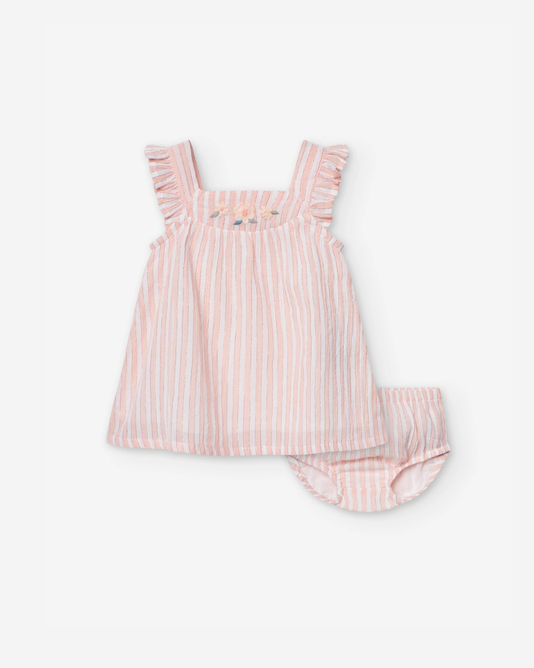 Vestido + Cubrepañal Rayas y Bordados para Recién Nacida, Blanco/Rosa