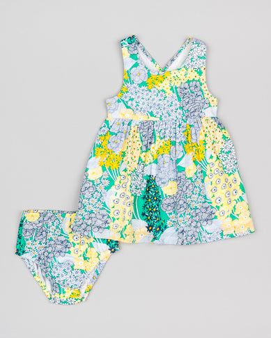 Vestido de Algodon Estampado. Flores Amarillo, Verde y Azul