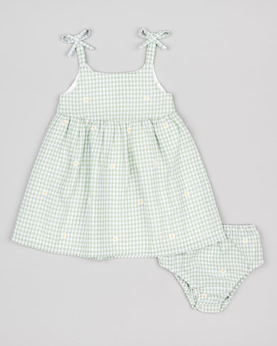 Vestido cuadros Verde, con flores bordadas