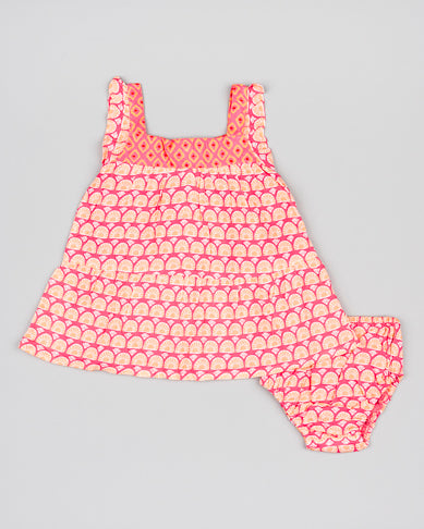 Vestido bebe c/ cubre calzón flores naranjas y rosas