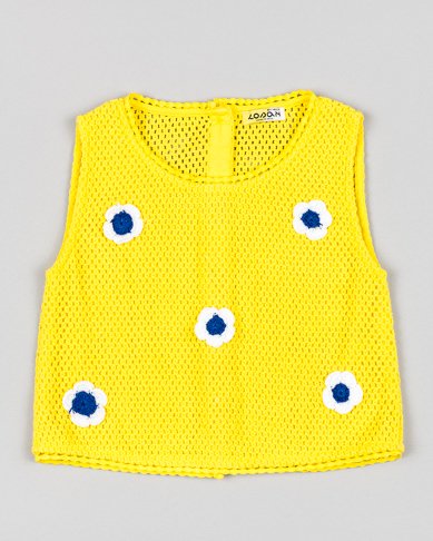 Conjunto pantalón con jareta y blusa amarilla de crochet flores