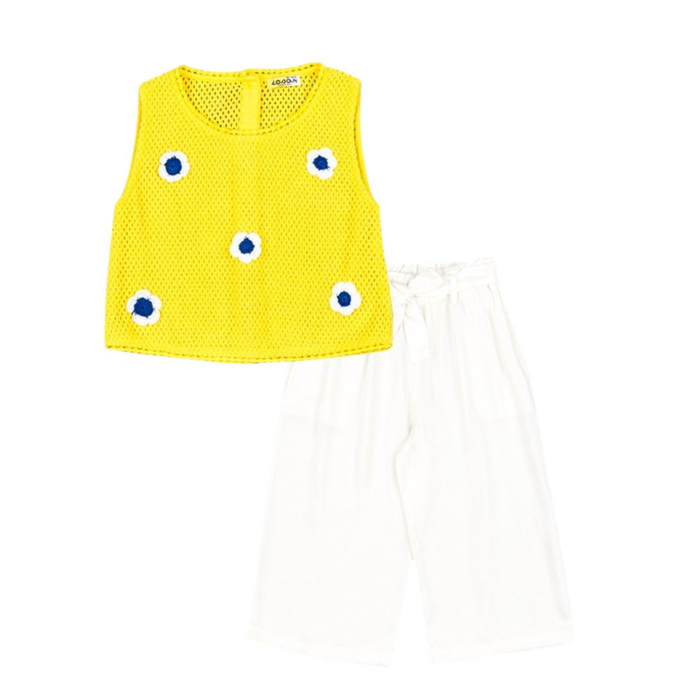 Conjunto pantalón con jareta y blusa amarilla de crochet flores
