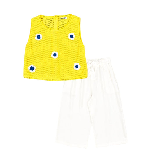 Conjunto pantalón con jareta y blusa amarilla de crochet flores
