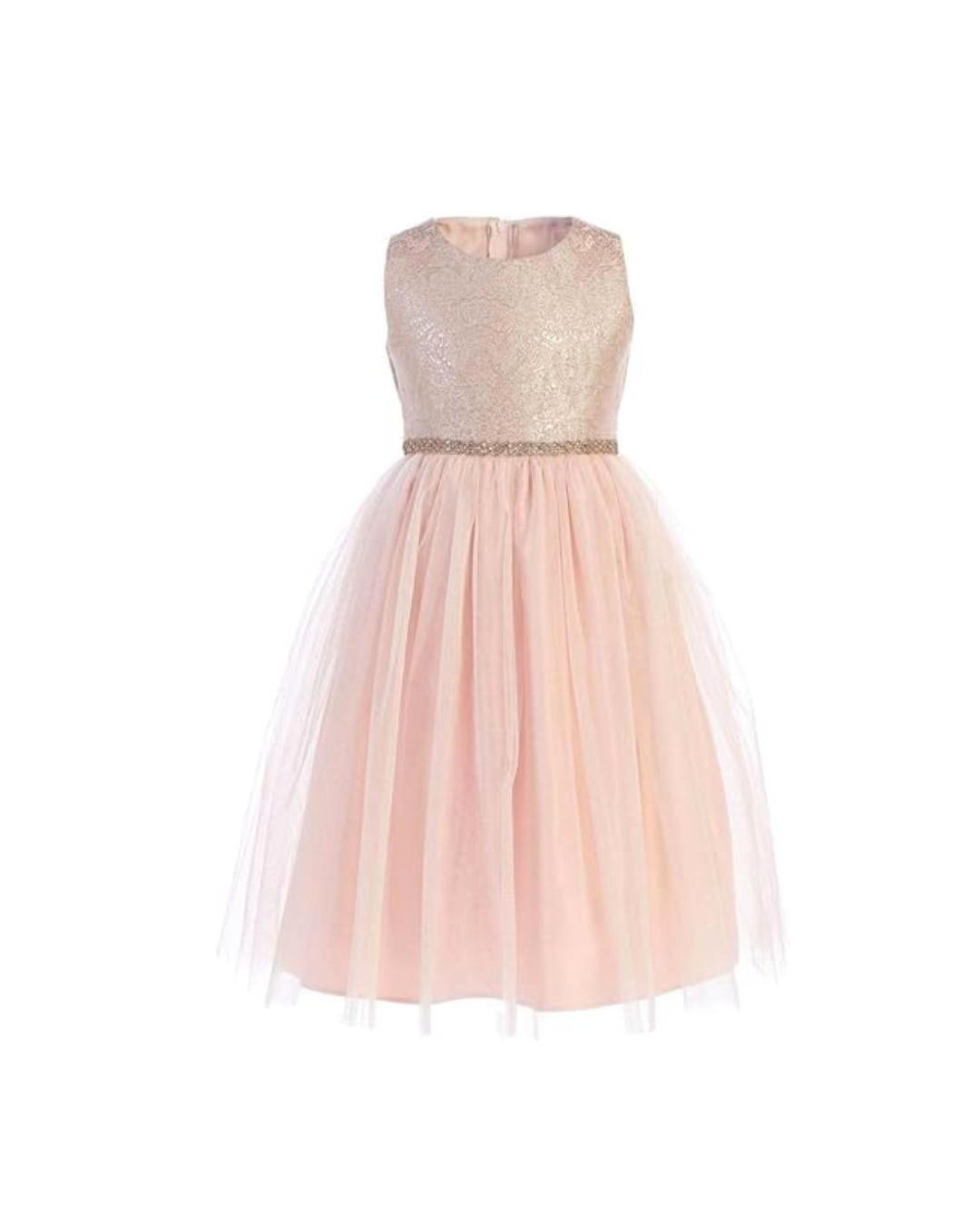 Vestido de brocado rosa y falda de tul con cinto