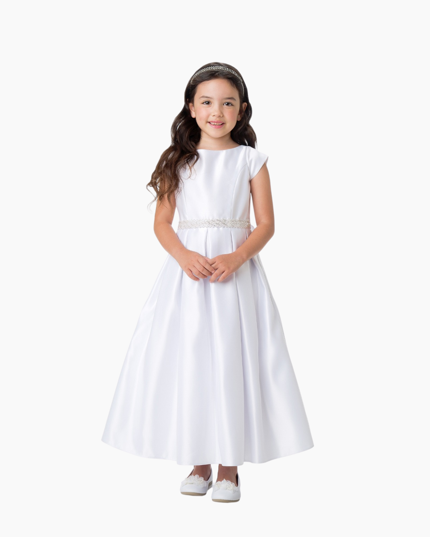 Vestido todo satin blanco cinto piedras y perlas