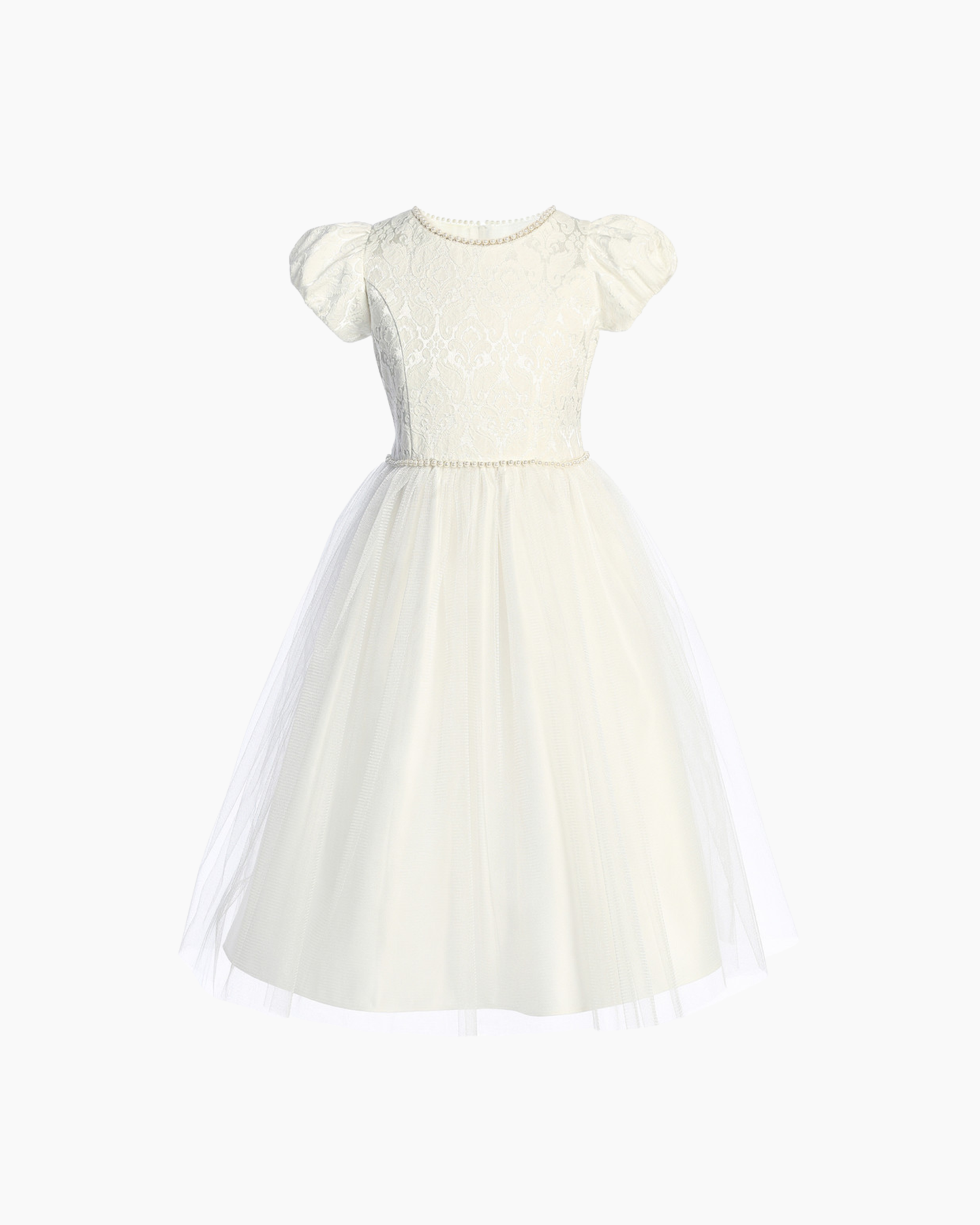 Vestido blanco talle brocado, falda tul, cinto de perlas y cuello bordado