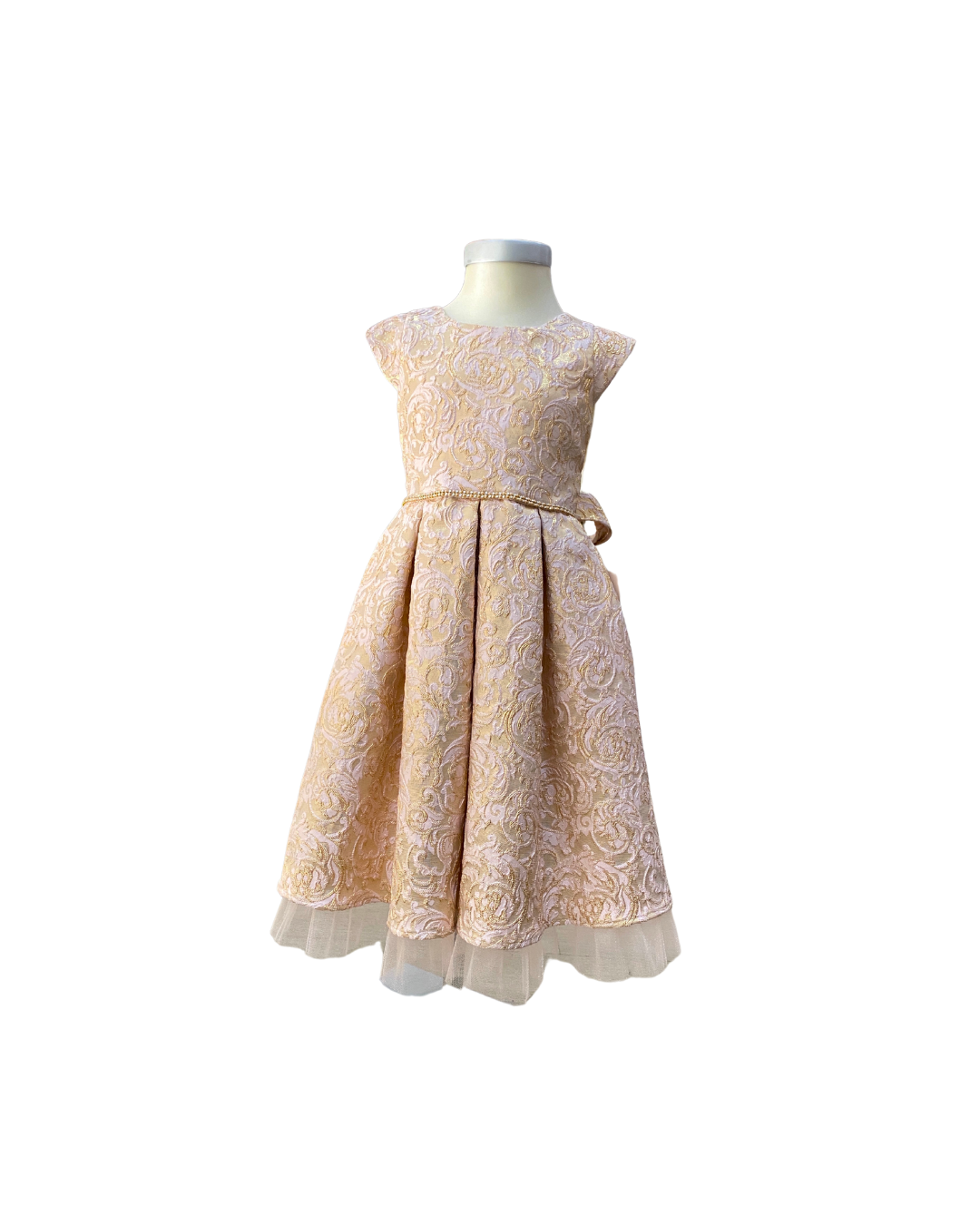 Vestido de brocado rosa con cinto cristales