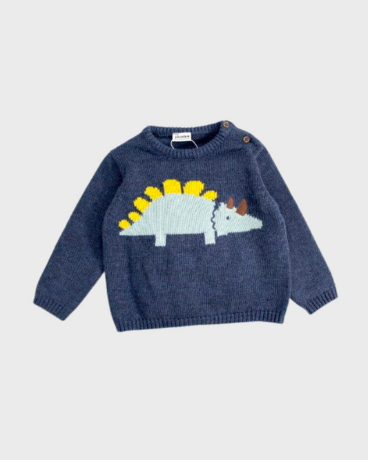 suéter azul marino, tejido, dinosaurio, para bebé