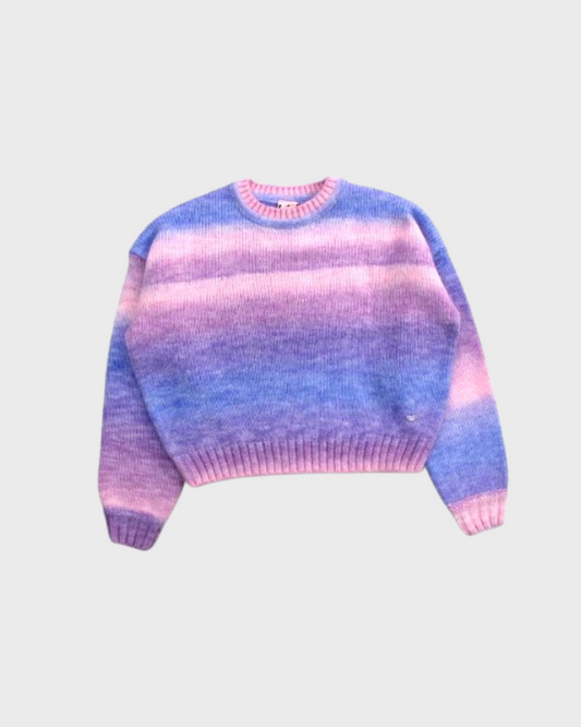 suéter a rayas, tejido tonos morados y rosas