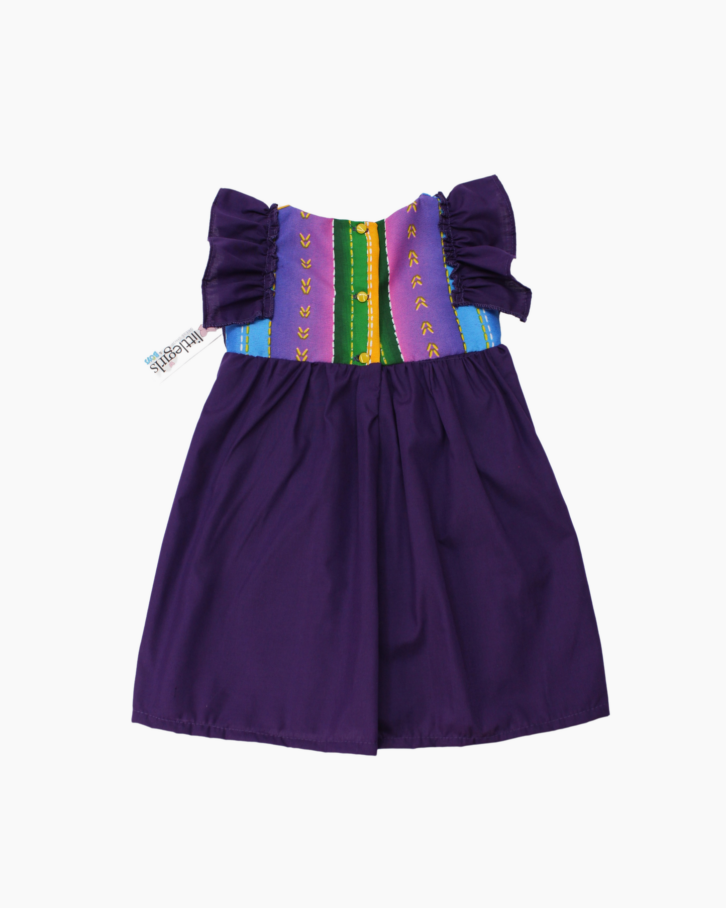 vestido patrio popelina morado con peto a rayas colores azul, amarillo, verde