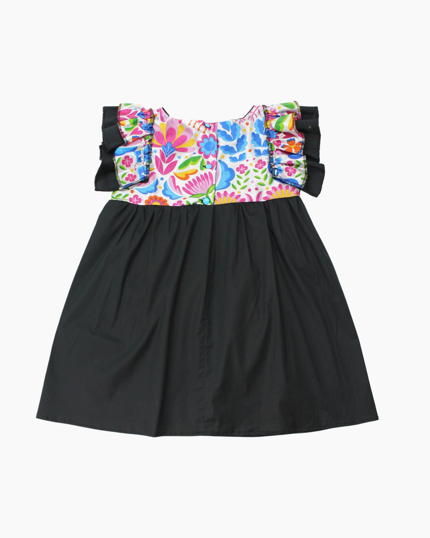 vestido patrio popelina negro peto flores colores azul, amarillo, verde