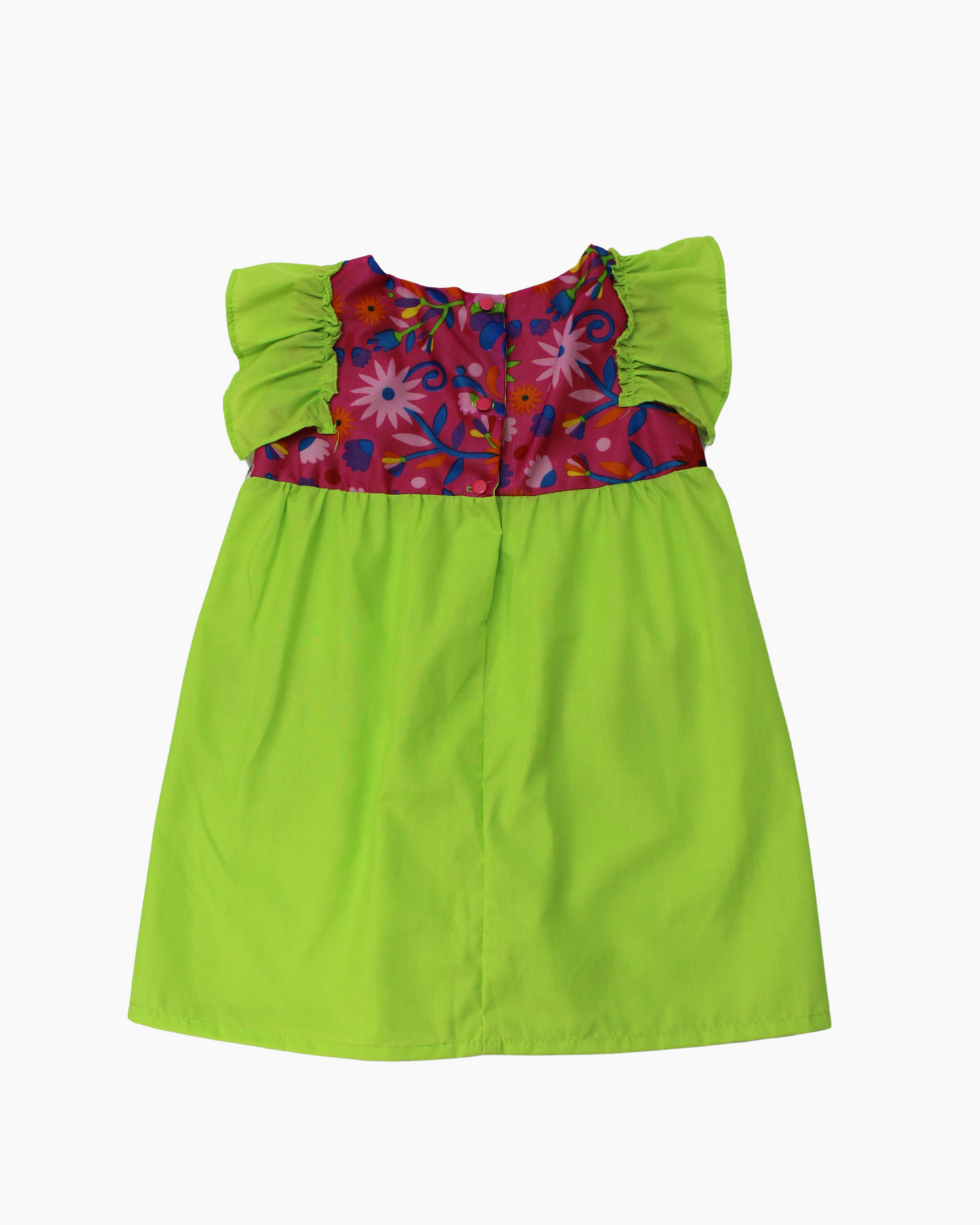 vestido patrio popelina verde limón, peto flores colores azul, amarillo, verde