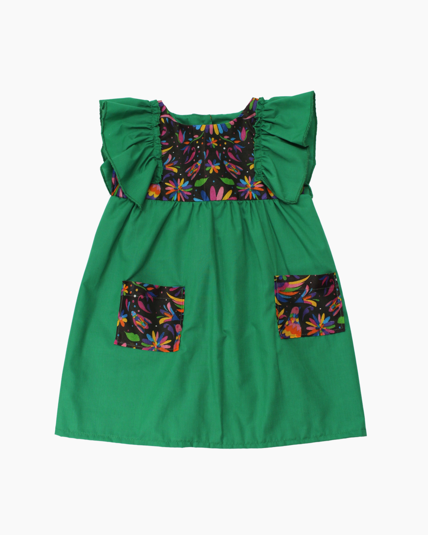 vestido patrio popelina verde bandera, peto flores colores azul, amarillo, verde