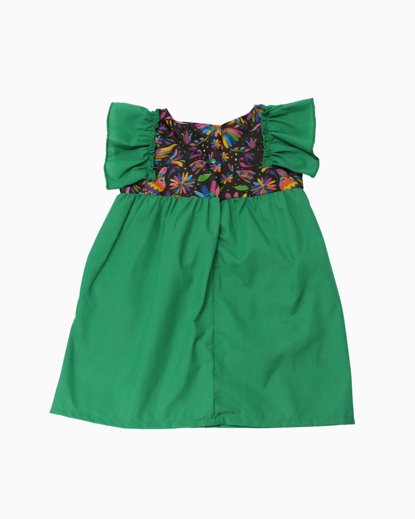 vestido patrio popelina verde bandera, peto flores colores azul, amarillo, verde