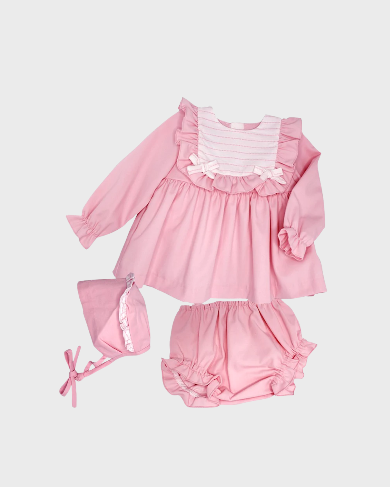 conjunto de braguitas capota y vestido para bebé