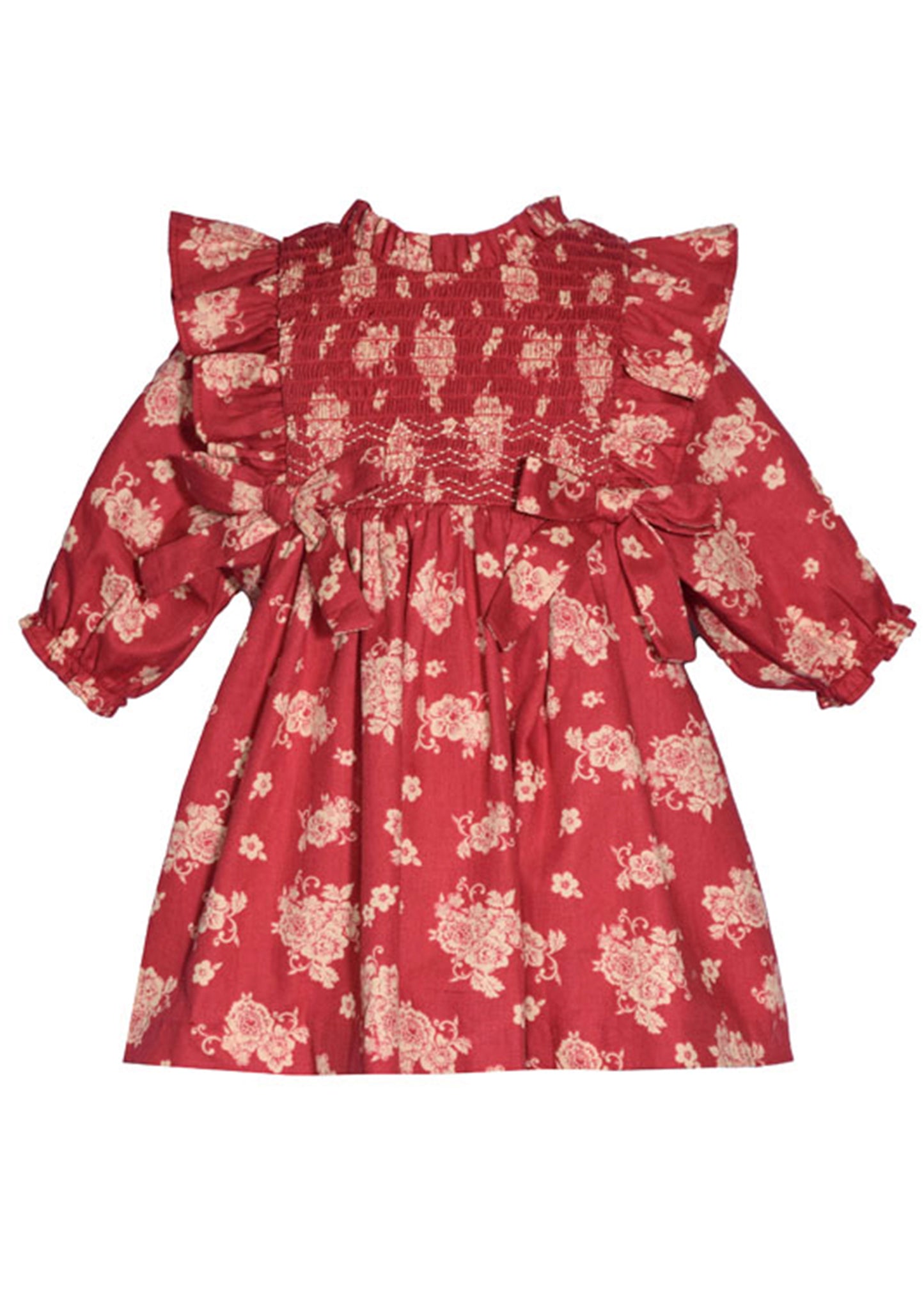 Vestido color rojo flores crema peto con olanes