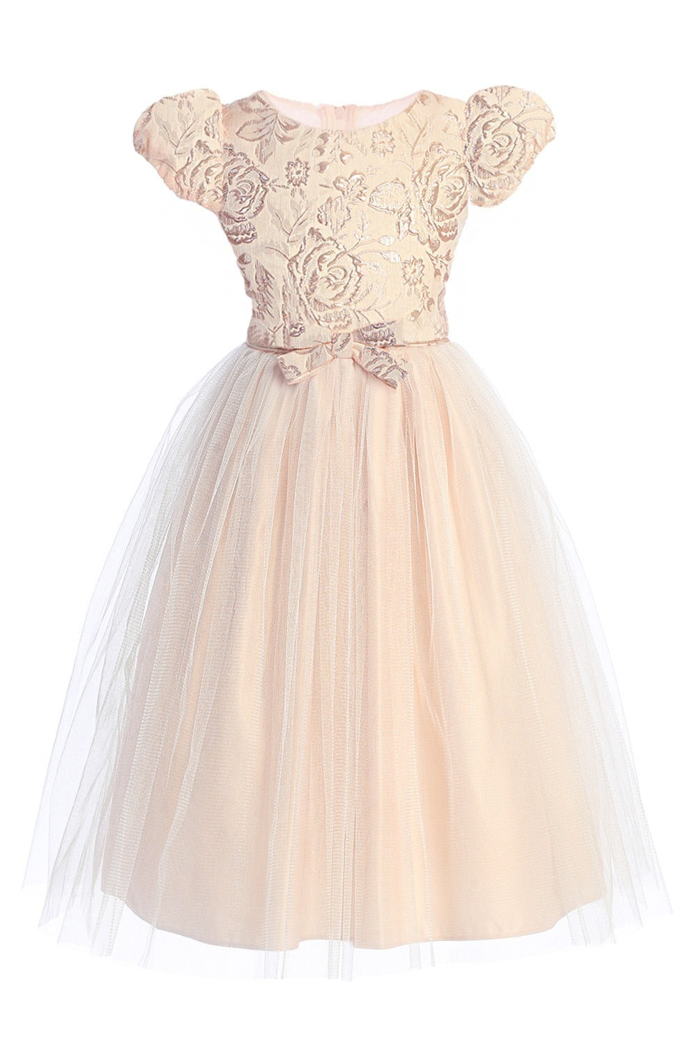 Vestido champagne talle brocado moño cintura