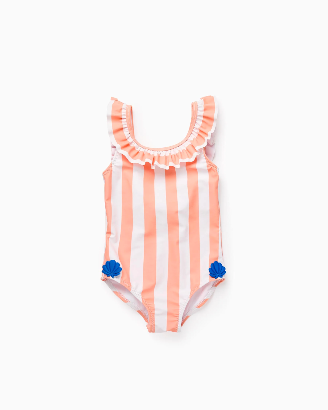Traje de Baño a Rayas con Conchas 3D para Bebé Niña, Naranja/Blanco