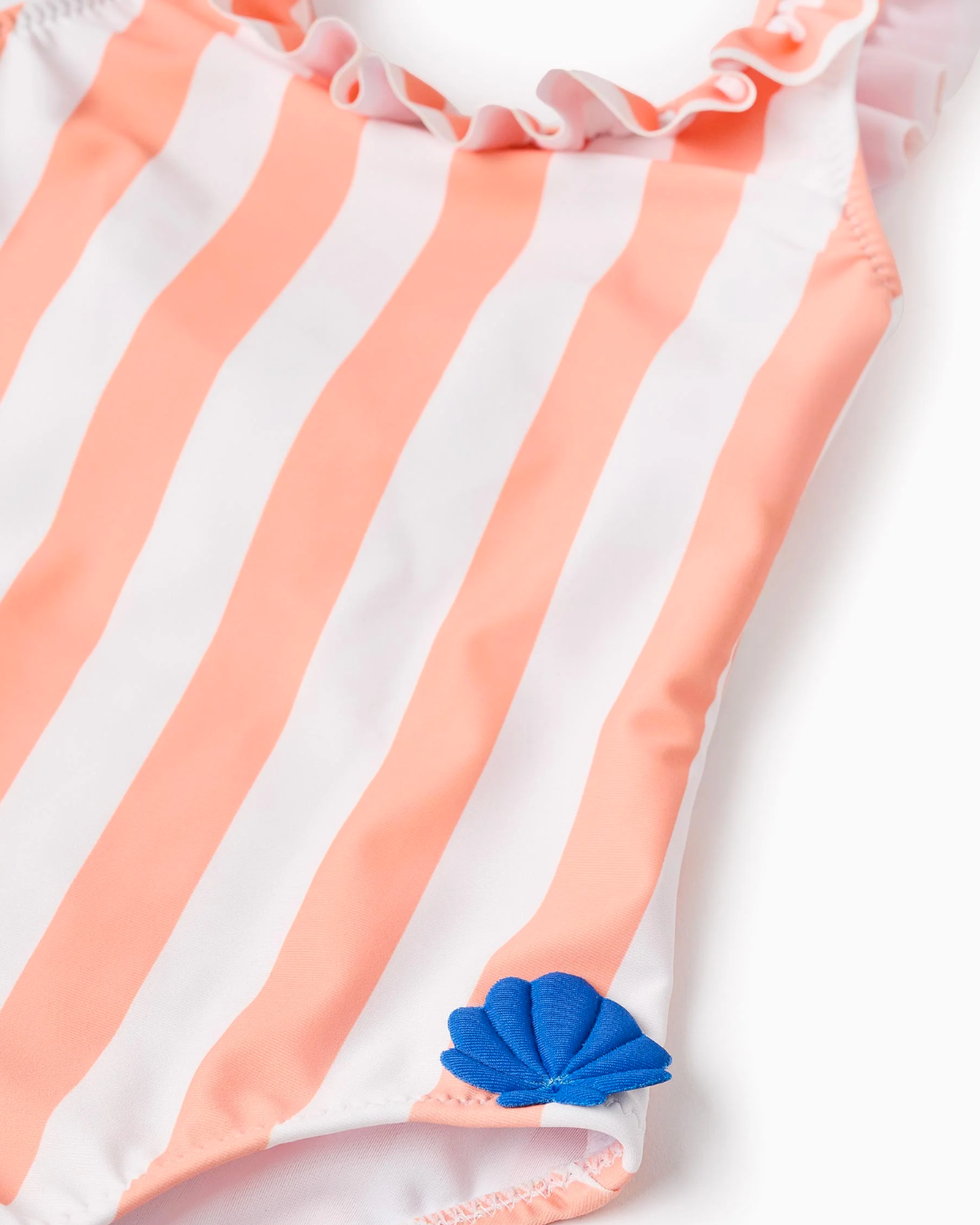 Traje de Baño a Rayas con Conchas 3D para Bebé Niña, Naranja/Blanco