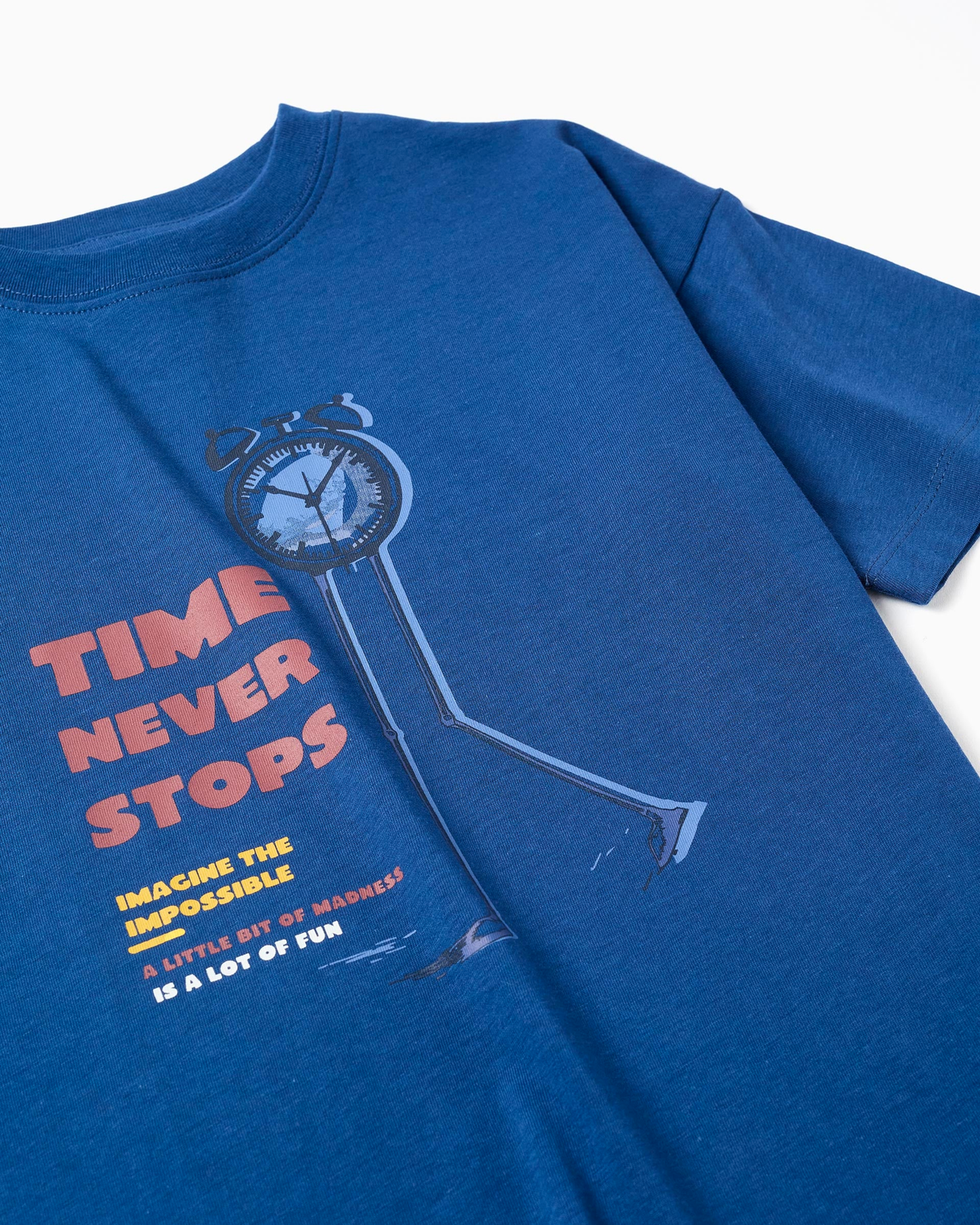 Camiseta de algodón con estampado Time Never Stops para niño, azul oscuro