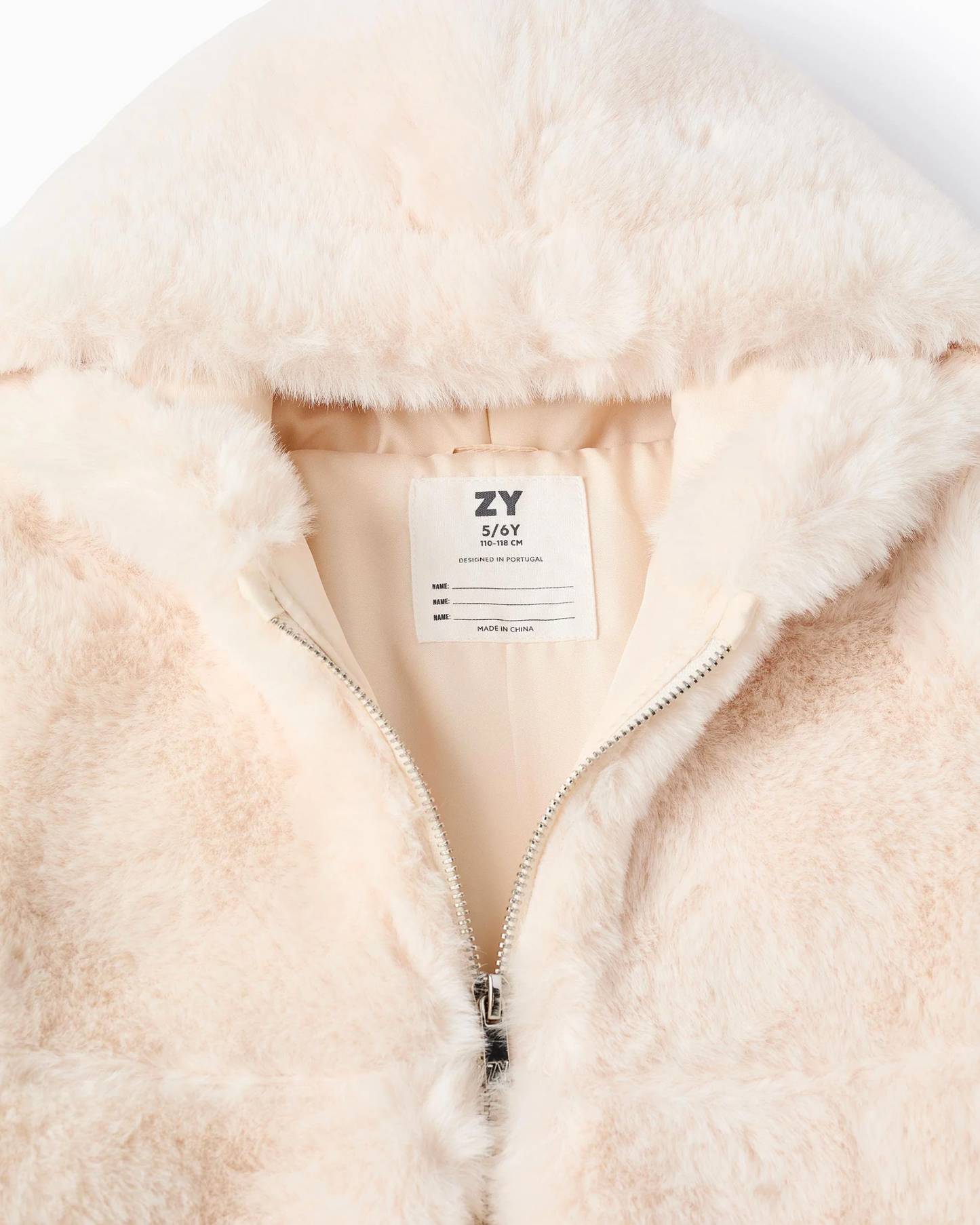 Chaqueta larga de pelo sintético con capucha, beige