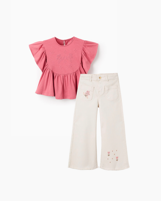 Conjunto blusa rosa con pantalon ancho flores bordadas